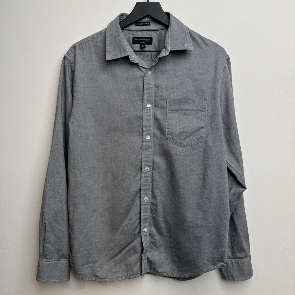 Banana Republic Gray L Oxford Dress Shirt Cotton Untucked Button-Up Preppy Men's